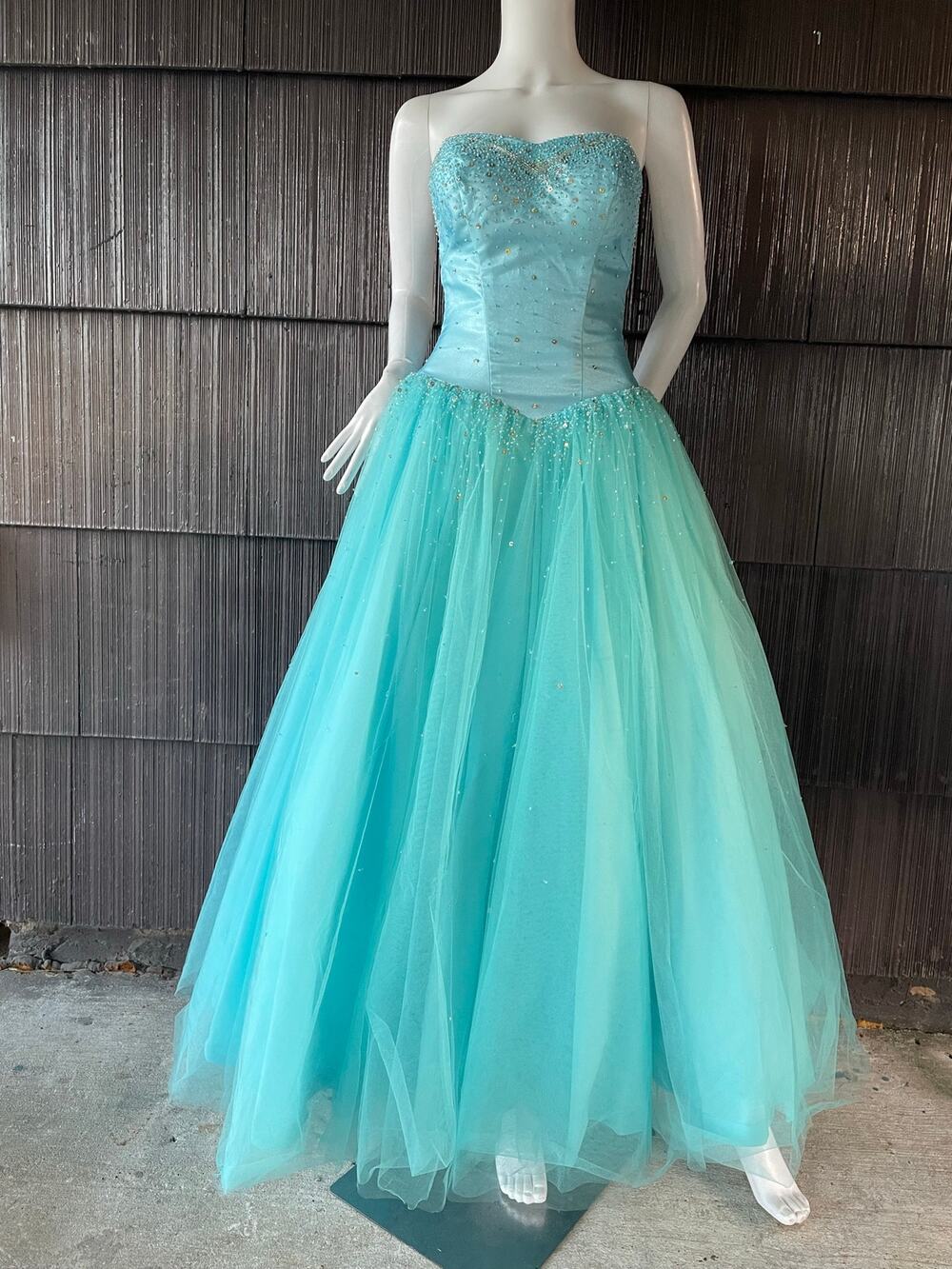 🔥Y2K Mystique Turquoise Beads Strapless Princess Fairytale Whimsical Mesh Dress